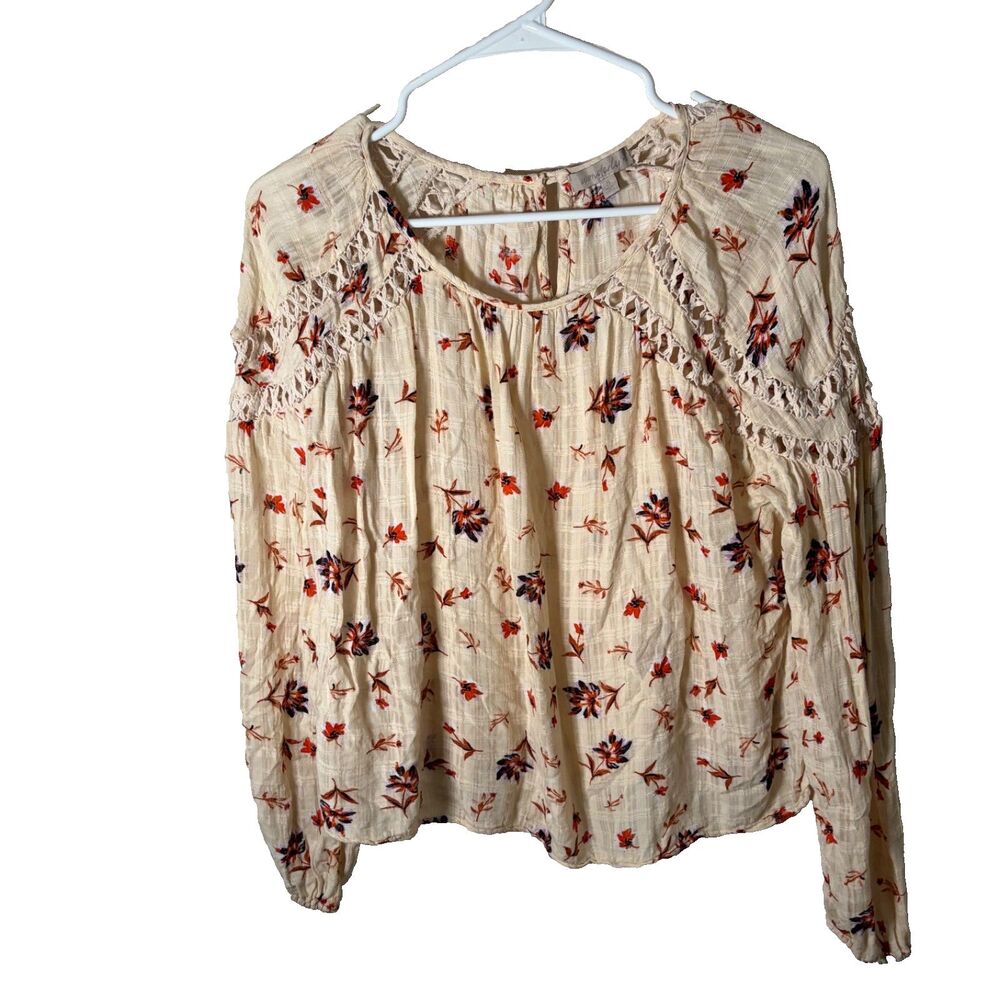 Wonderly Blouse Women's Small Beige Floral Lace Long Sleeve Lightweight Boho